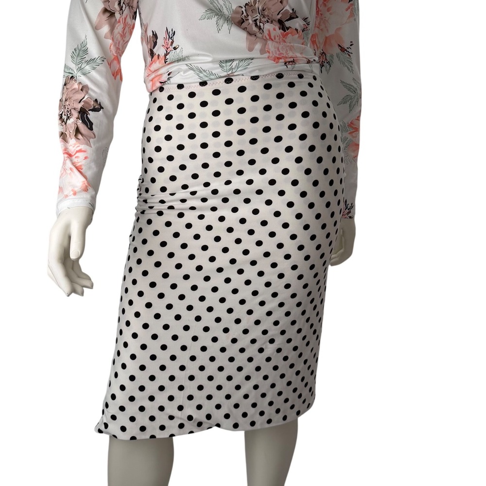Simple Polka Dot‎ Midi Pencil Skirt Black White High Waist Stretchy Side Slit L